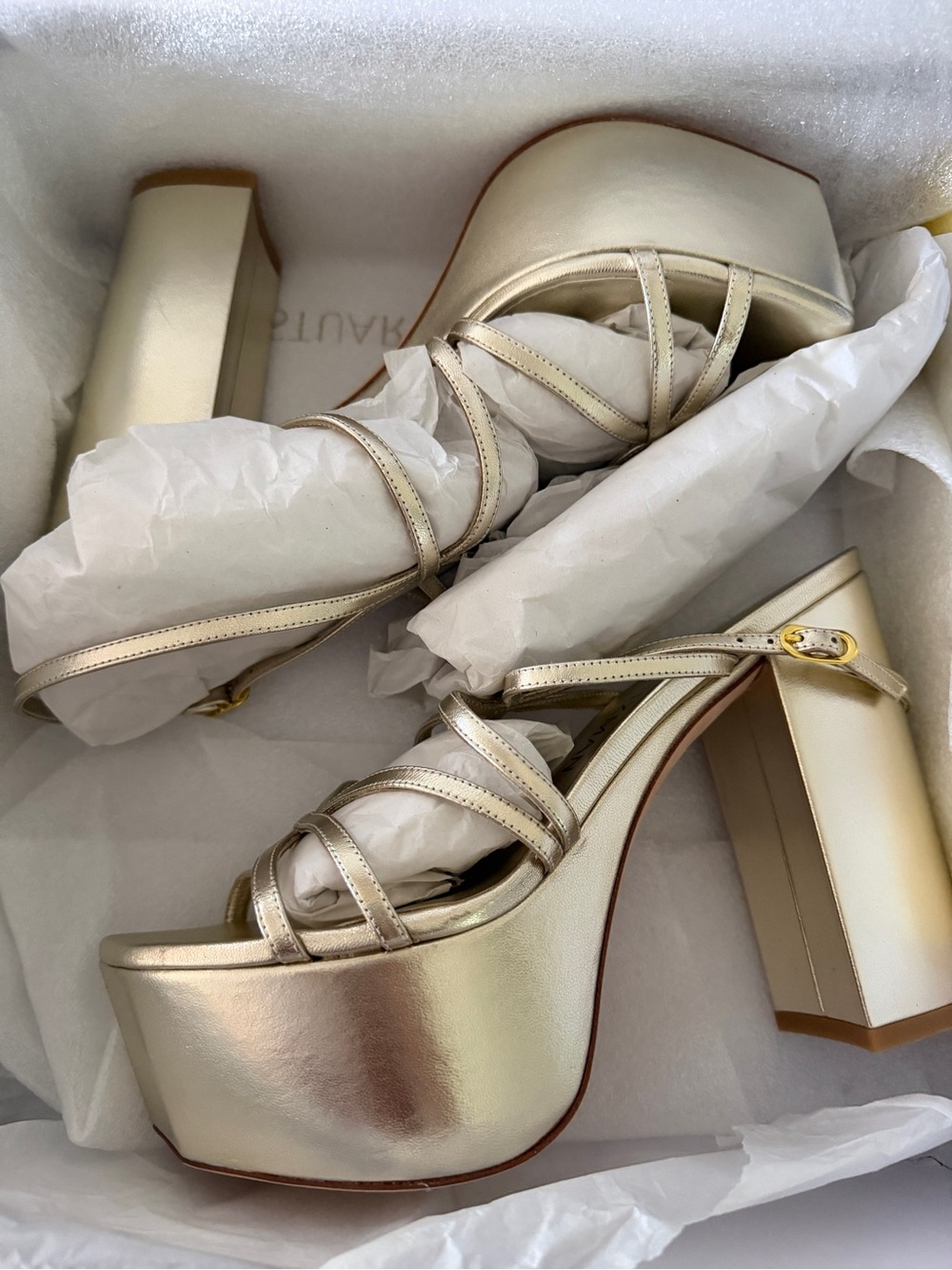 Stuart Weitzman Barelythere Metallic Gold Platform Block Heel Sandals 8.5 NIB